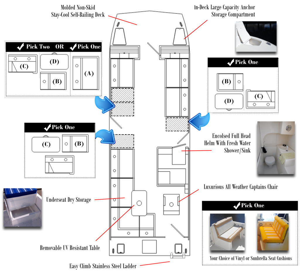 26-foot catamaran floor plan showing helm station, seating, and storage areas - Beachcat Boats
