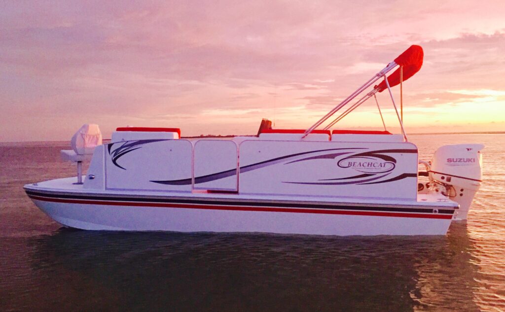 Large 26 ft pontoon boat for saltwater use, Beachcat Recreational Series, with spacious deck and furniture