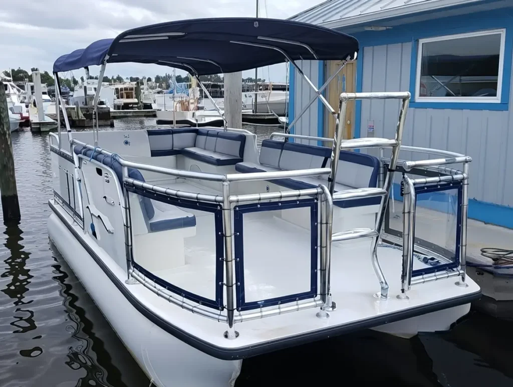 Beachcat Boats custom saltwater pontoon boat with wraparound seating and marine-grade railings at dock