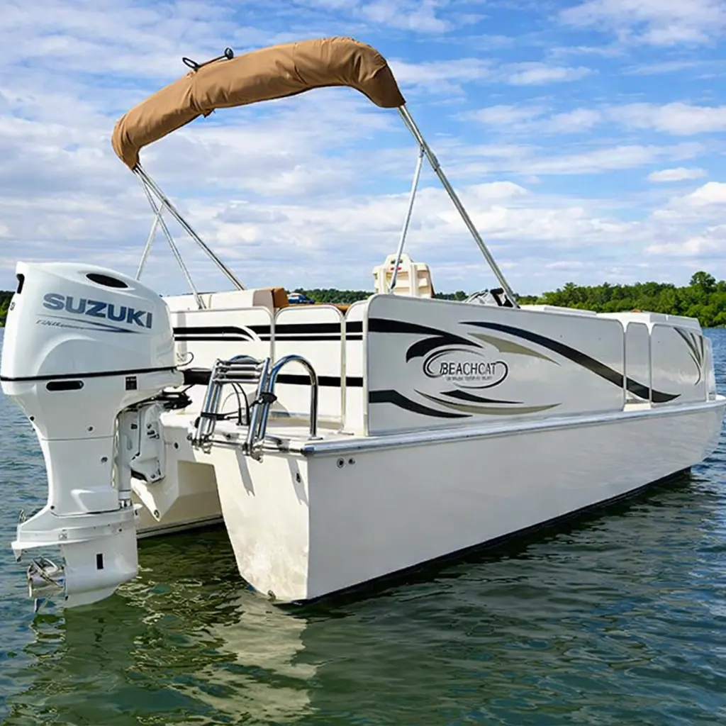 Beachcat fiberglass recreational pontoon boat on water with Suzuki outboard motor, no wood construction, no rot, durable composite hull