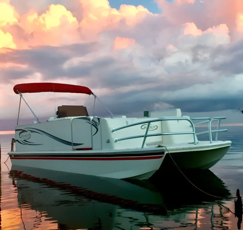 Luxury family pontoon boat by Beachcat, model Felicidad, with Bimini top.