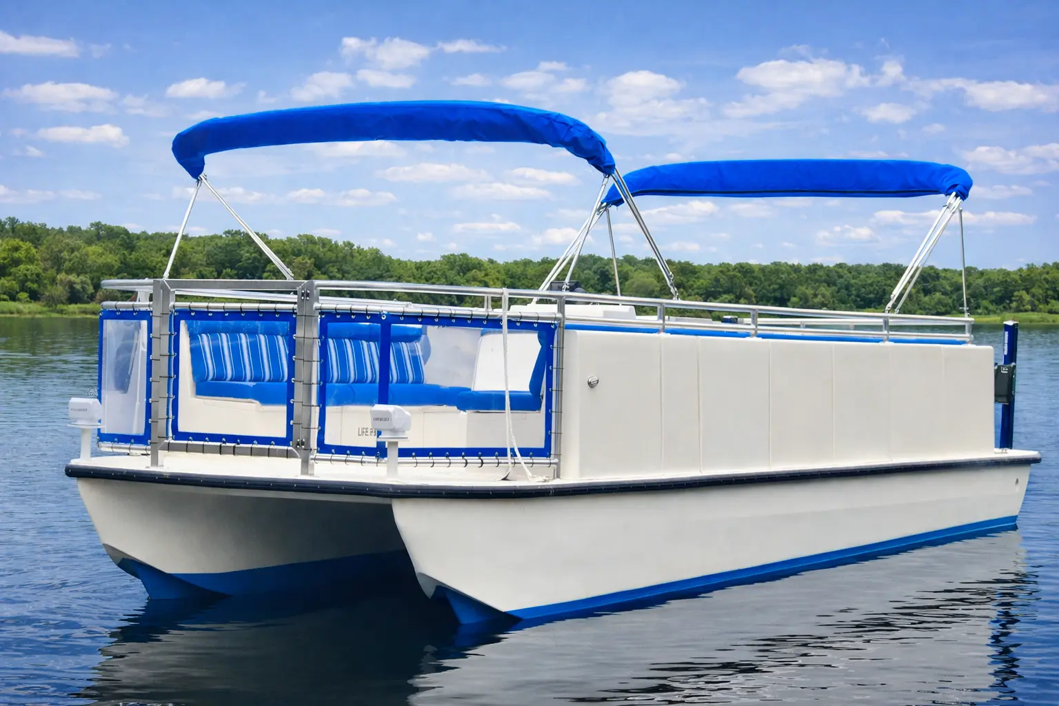 Beachcat commercial fiberglass pontoon catamaran boat on water with blue canopy and twin hull design