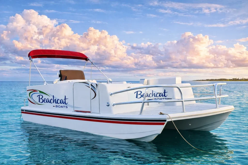 Beachcat Boats saltwater pontoon catamaran boat for sale with fiberglass hull and commercial-grade design