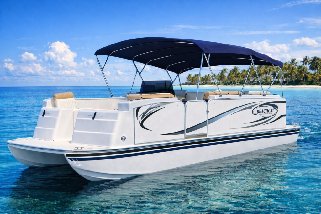 20 ft Beachcat pontoon boat floating on clear blue ocean water near a tropical beach, featuring a canopy top, open front deck layout, and modern white hull design