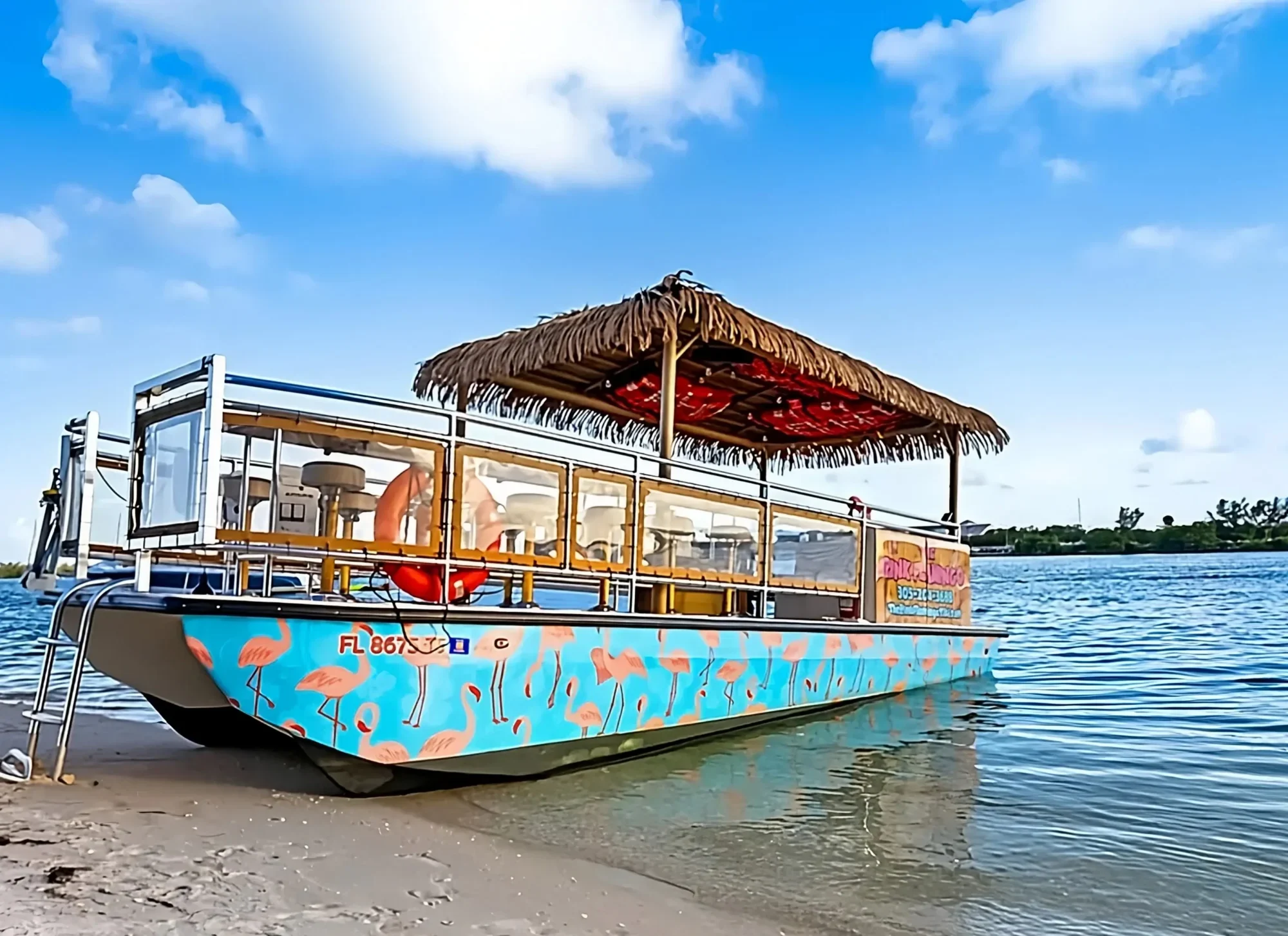 26 ft Tiki party boat for entertainment, with bamboo accents and bar seating
