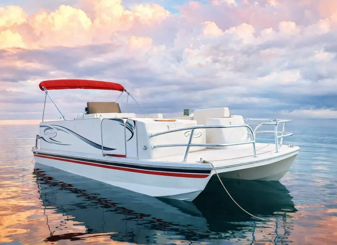 New fiberglass catamaran pontoon boat for sale by Beachcat Boats – commercial and recreational twin hull boat design